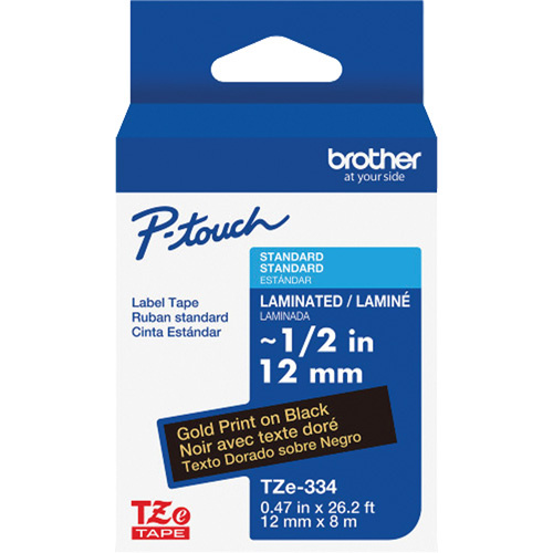 Brother TZE334G TZe-334 Laminated Tape for TZe-Compatible P-Touch Label Makers, Gold on Black, 0.47" Width - (Each)