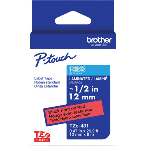 Brother TZE431G TZe-431 Laminated Tape for TZe-Compatible P-Touch Label Makers, 12 mm x 8 m, Black on Red - (Each)
