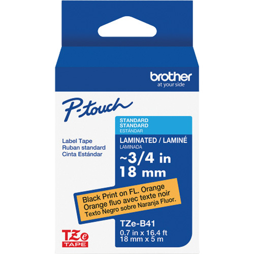 Brother TZEB41G TZe-B41 Laminated Tape for TZe-Compatible P-Touch Label Makers, Black on Fluorescent Orange, 0.7" Width - (Each)