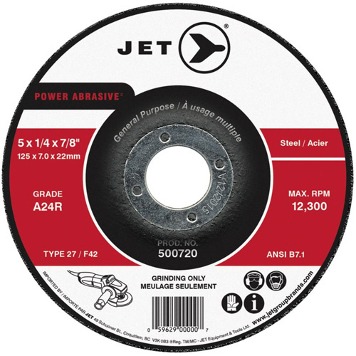 JET 500716 A24R Power Abrasive Grinding Wheel, 4-1/2" x 1/4", 7/8" Arbor, Type 27 - (Each)