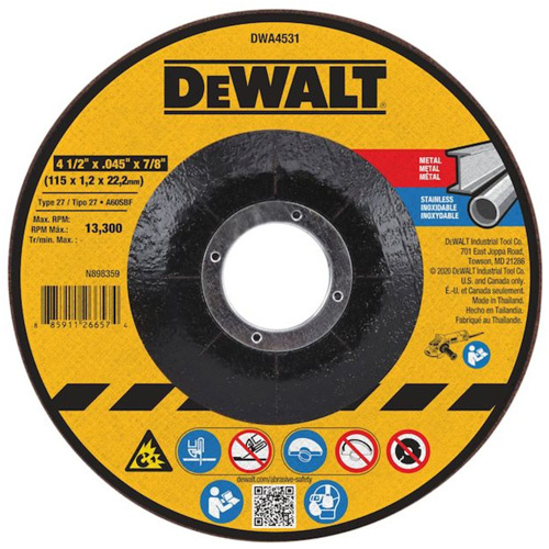 DEWALT DWA4531B15 Metal Cutting Wheel, 4-1/2" x 0.045", 7/8" Arbor, Type 27, Aluminum Oxide - (Pack of 15)
