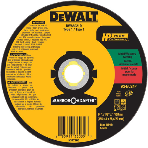DEWALT DWA8021D High Performance Cutting Wheel for Circular Saws, 14" x 1/8" Arbor, Aluminum Oxide - (Each)