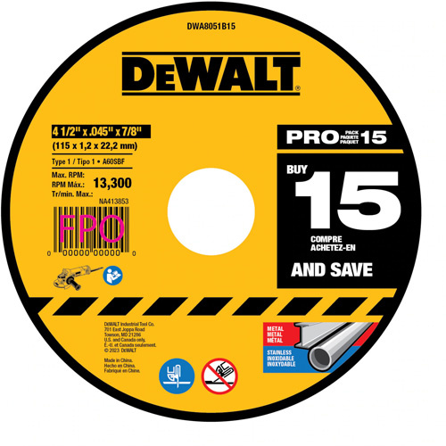 DEWALT DWA8051B15 Metal Cutting Wheel for Angle Grinders, 4-1/2" x 0.045", 7/8" Arbor, Type 1, Aluminum Oxide - (Pack of 15)